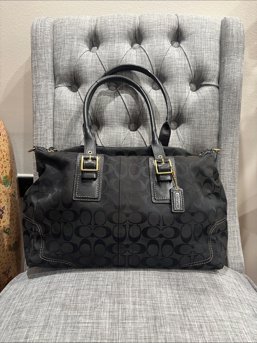 Coach Black Signature Canvas Tote with Gold-Tone Accents